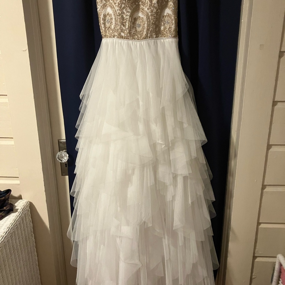 Elegant White and Gold Prom Dress